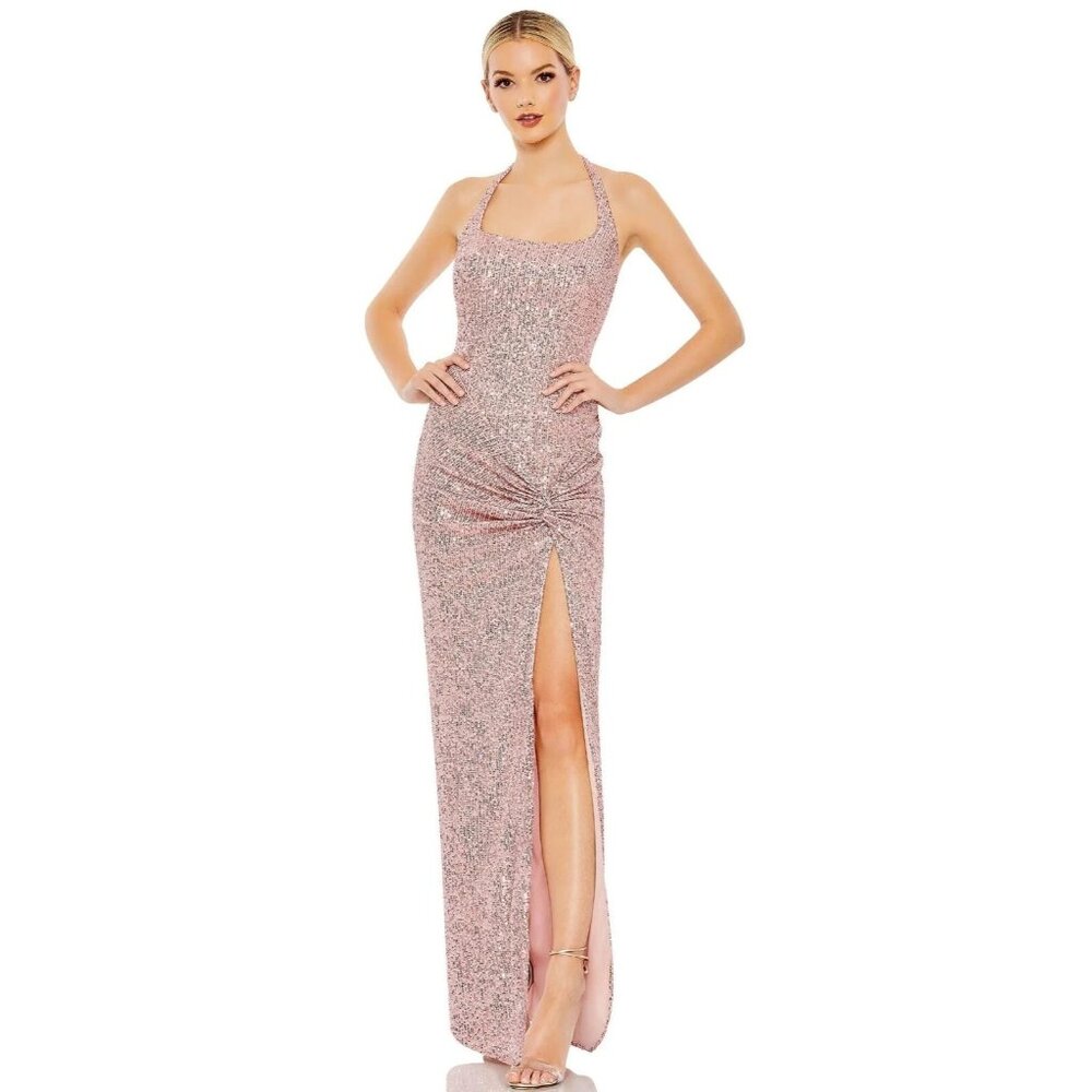Mac Duggal Size 10 Rose Gold 11279 Sequin Halter Formal Gown Dress Prom Cocktail